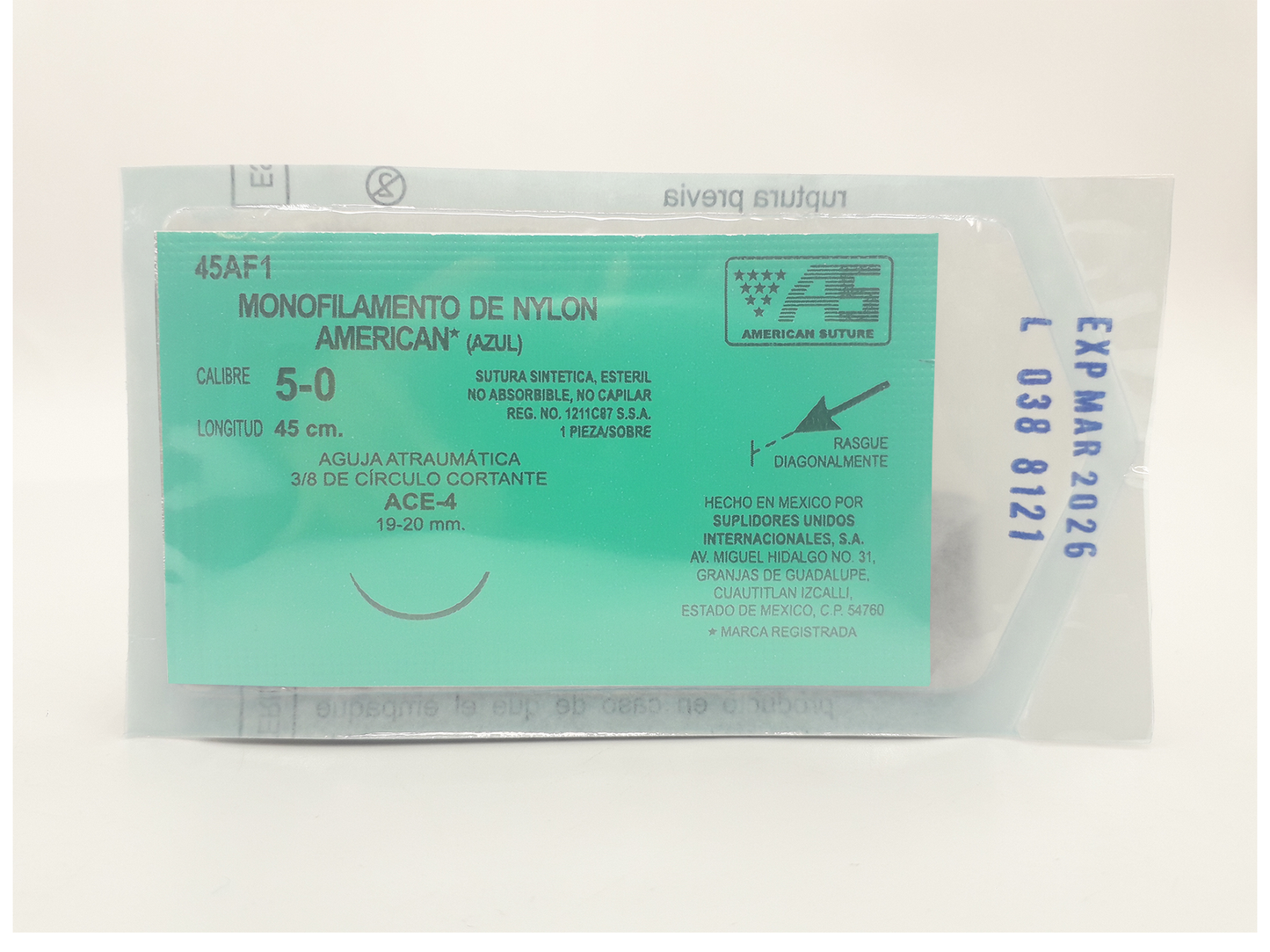 Sutura Quirúrgica Monofilamento de Nylon Calibre 5-0 45AF1