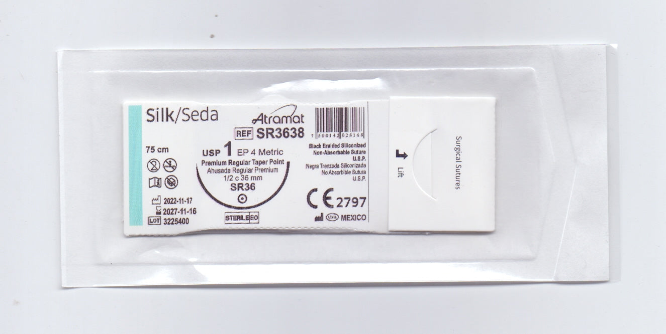 Sutura Atramat seda negra usp 1, 75 cm aguja sr-36 ahusada regular premium 36 mm 1/2 circulo sr3638
