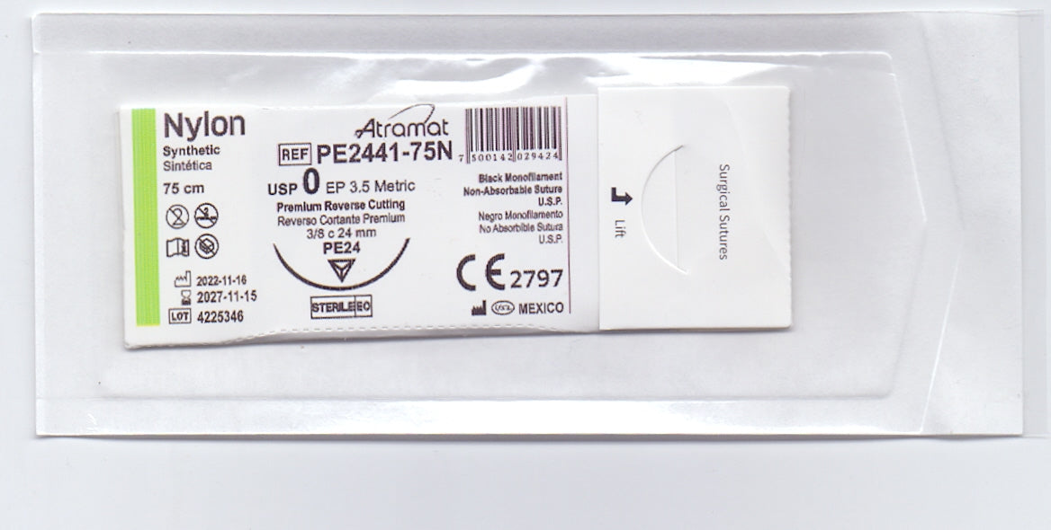 Sutura Atramat nylon negro usp 0, 75 cm aguja pe-24 reverso cortante premium 24 mm 3/8 circulo pe2441-75n