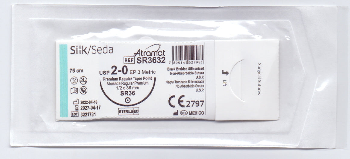 Sutura Atramat seda negra usp 2-0, 75 cm aguja sr-36 ahusada regular premium 36 mm 1/2 circulo sr3632