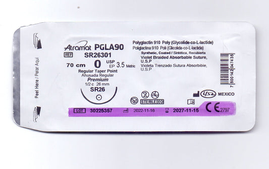 Sutura Atramat pgla90 violeta usp 0, 70 cm aguja sr-26 ahusada regular premium 26 mm 1/2 circulo sr26301
