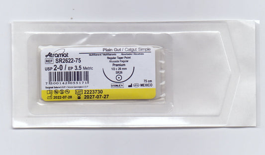 Sutura Atramat catgut simple usp 2-0, 75 cm aguja sr-26 ahusada regular premium 26 mm 1/2 circulo sr2622-75