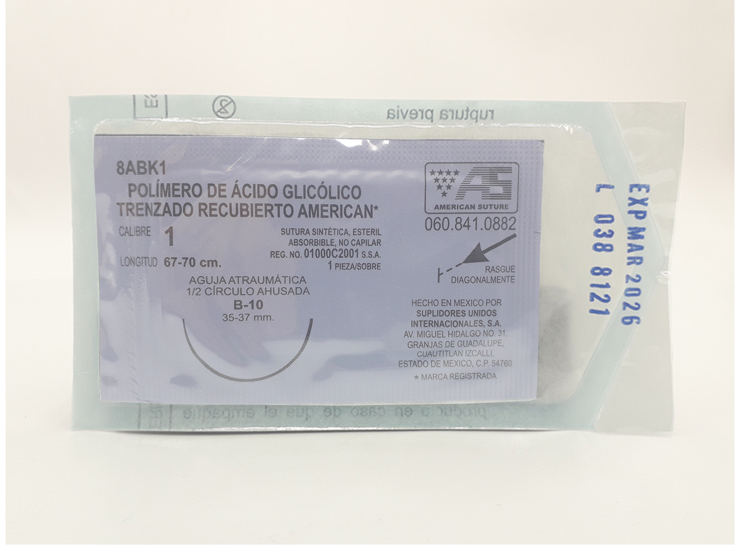 Sutura Polímero de Acido Glicolico Trenzado Recubierto Calibre 1 8ABK1